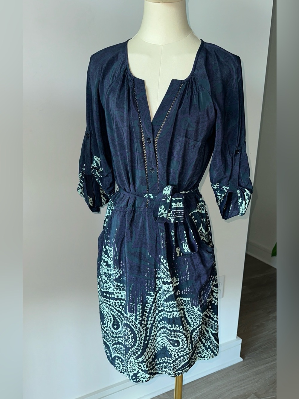 Presley Skye 100% silk Navy Blue Printed Midi Dress with Belt